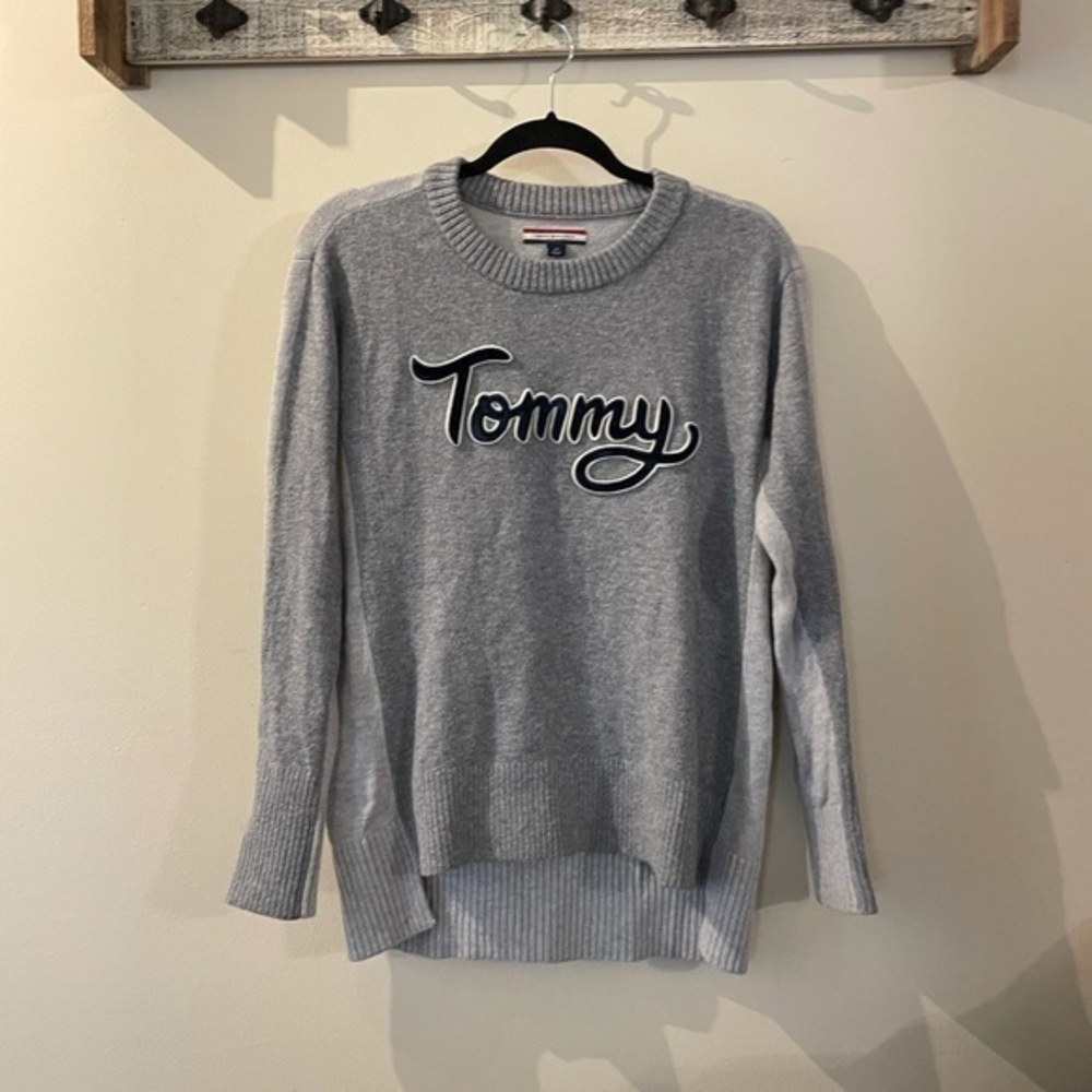 Tommy Hilfiger Gray Sweater Women Small Velvet Logo Writing